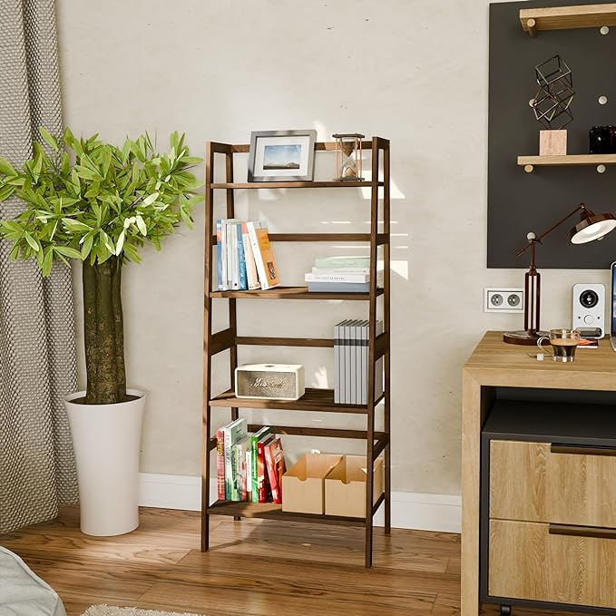 Ladder Bookcase, 4-Tier Leaning Bookshelf, Freestanding Open Display Storage Rack Shelf, Small Flower Plant Stand, Space Saving Bamboo Book Shelf, Walnut - LeafyLoom