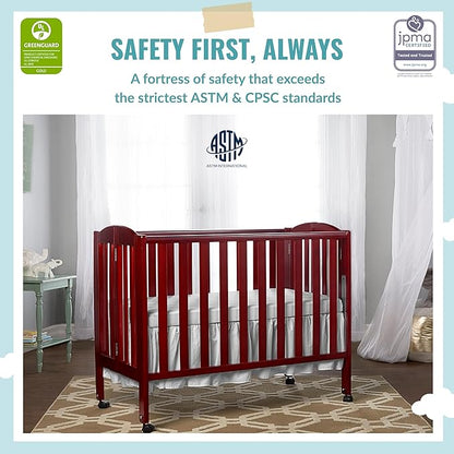 Dream On Me 3 in 1 Portable Folding Stationary Side Crib in Cherry, Greenguard Gold Certified, Safety Wheel with Locking Casters, Convertible, 3 Mattress Heights - LeafyLoom