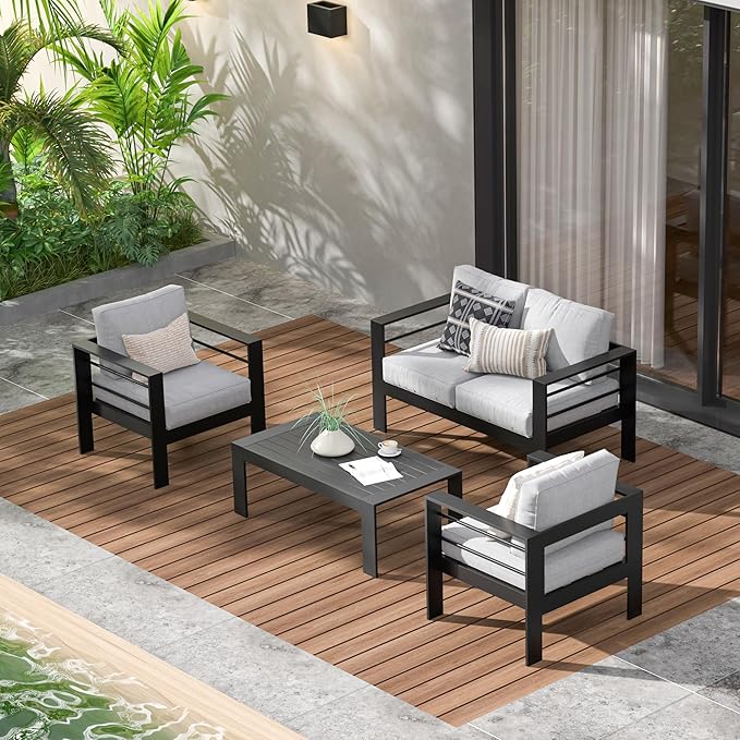 Wisteria Lane 4-Piece Aluminum Patio Furniture Set, Outdoor Furniture with Coffee Table, Metal Sofa Set for Deck, Porch, Balcony, Indoor, Black Frame & Light Grey Cushion - LeafyLoom