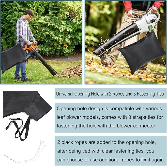 OwnMy Universal Leaf Vacuum Blower Bag Black Leaf Vacuum Bag Leaf Blower Replacement Bag with 3 Fasten Ties, Adjustable Leaf Blower Mulcher Bag Bottom Debris Zipper Bag Fallen Leaves Collection Bag - LeafyLoom