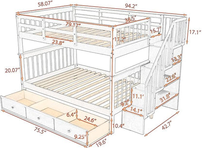 Full Over Full Bunk Bed with Stairs Storage and 3 Drawers, Wooden Stairway Bunkbeds, can be Divided into two Platform Bedframe, for Kids Teens Adults Bedroom, Gray - LeafyLoom