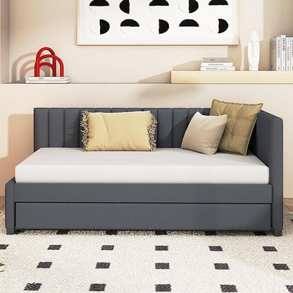 Twin Size Upholstered Linen Daybed with 2 Trundle,Semi-Closed Design,Solid Wood Bed Frame,W/Backrest and Slat Support,No Box Spring Needed,for Apartment Bedroom,Gray - LeafyLoom