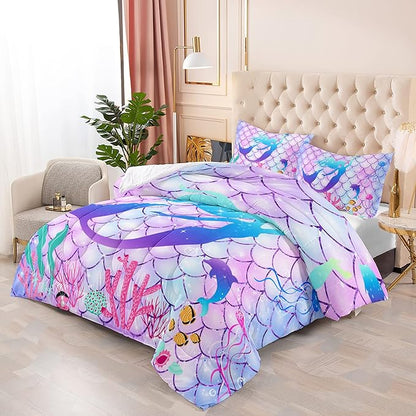 CVHOUSE Mermaid Comforter Set,Rainbow Mermaid Bedding Set for Girls Kids Teens,Rainbow Mermaid Comforter Mermaid Duvet Set Room Decor Quilt Set Queen Size - LeafyLoom