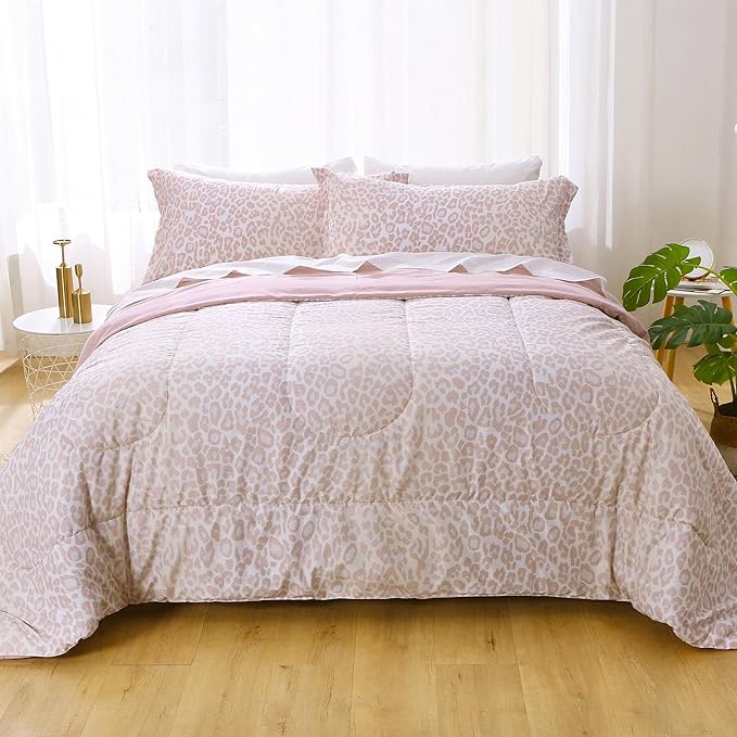 Printed Queen Bedding Sets with Comforter and Sheets, 7 Piece Bed in A Bag Comforter Set with Fluffy Microfiber, Stylish Pink Leopard Pattern - LeafyLoom