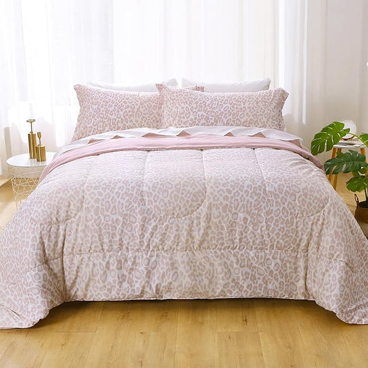 Printed Queen Bedding Sets with Comforter and Sheets, 7 Piece Bed in A Bag Comforter Set with Fluffy Microfiber, Stylish Pink Leopard Pattern - LeafyLoom