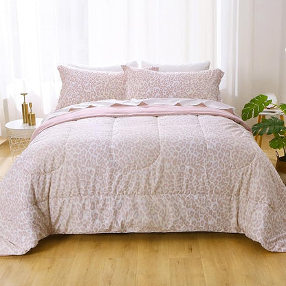 Printed King Bedding Sets with Comforter and Sheets, 7 Piece Bed in A Bag Comforter Set with Fluffy Microfiber, Stylish Pink Leopard Pattern - LeafyLoom