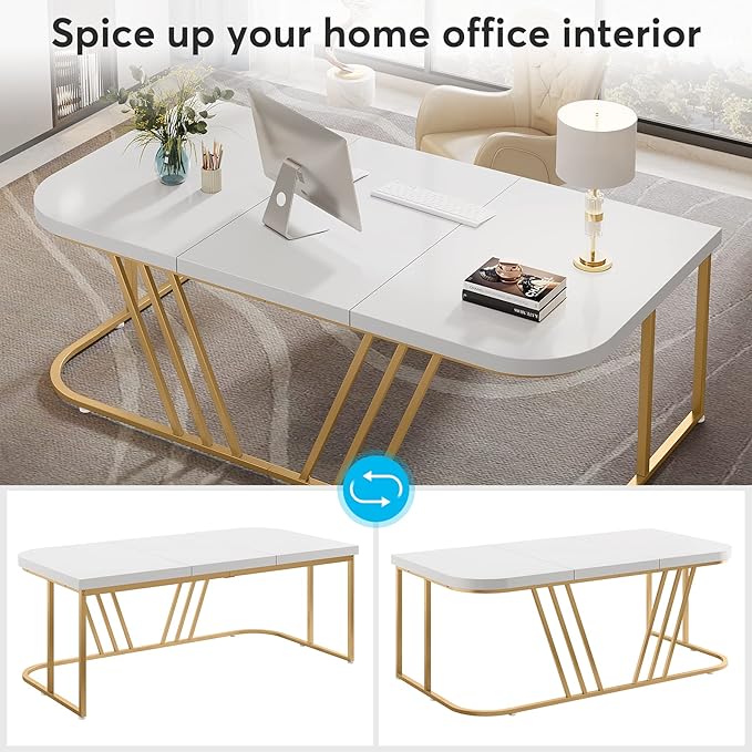 63 inches Executive Desk, Home Office Computer Desk, Modern Large Conference Table with Gold Metal Frame, Bussiness Furniture for Work Writing - LeafyLoom