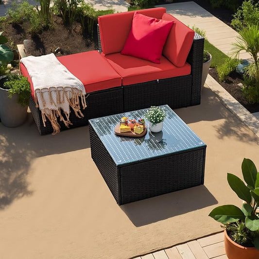 Greesum 3 Piece Patio Conversation Set Wicker Rattan Furniture Outdoor Sofa with Cushions,Pillows & Glass Table for Porch,Lawn and Yard, Red - LeafyLoom