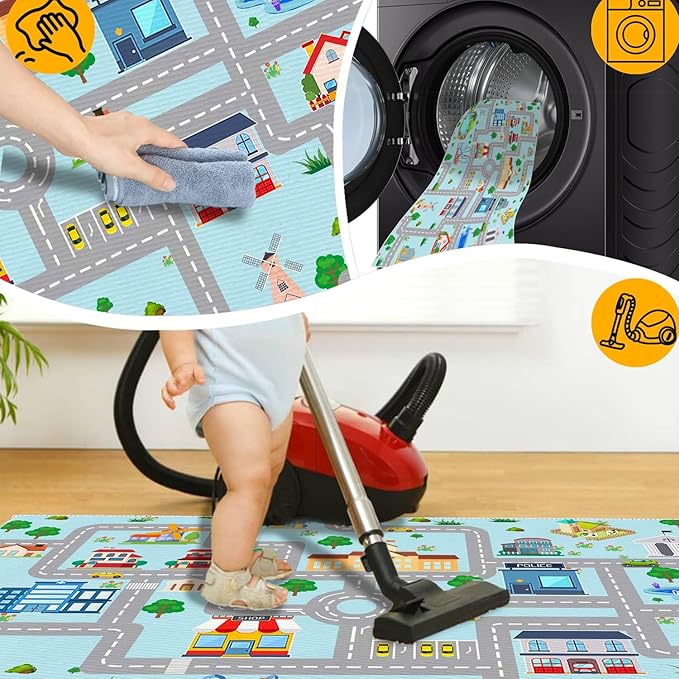 Kids Car Rug, 3x5 City Life Traffic Road Playmat for Toy Cars Trains, Non-Slip Race Track Carpet Educational Fun Area Rugs for Boy and Girl Bedroom Nursery - LeafyLoom