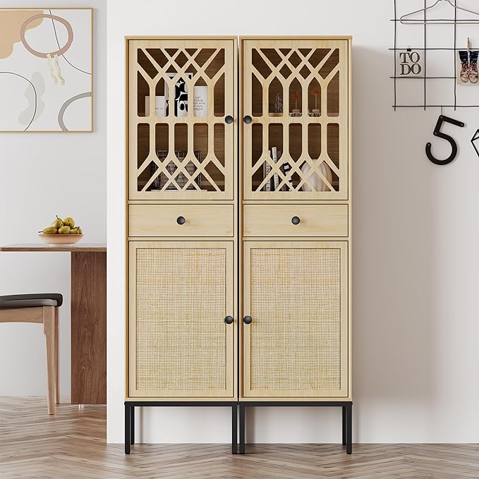 Brafab Set of 2 Tall Cabinet Narrow Storage Linen Cabinet Tall Sideboard Rattan Woven Door Fretwork Pattern Door 1 Drawer - LeafyLoom