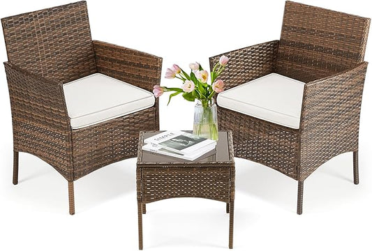 DUMOS Set 3 Pieces Outdoor Furniture with Soft Cushion and Glass Table, All Weather Manual Weaving Wicker Rattan Patio Chairs for Garden, Terrace, Porch, Lawns, Brown - LeafyLoom