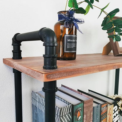 3 Tier Industrial Pipe Bookcase, Rustic Farmhouse Bookshelf with Solid Wood for Living Room, Kitchen, Office - LeafyLoom