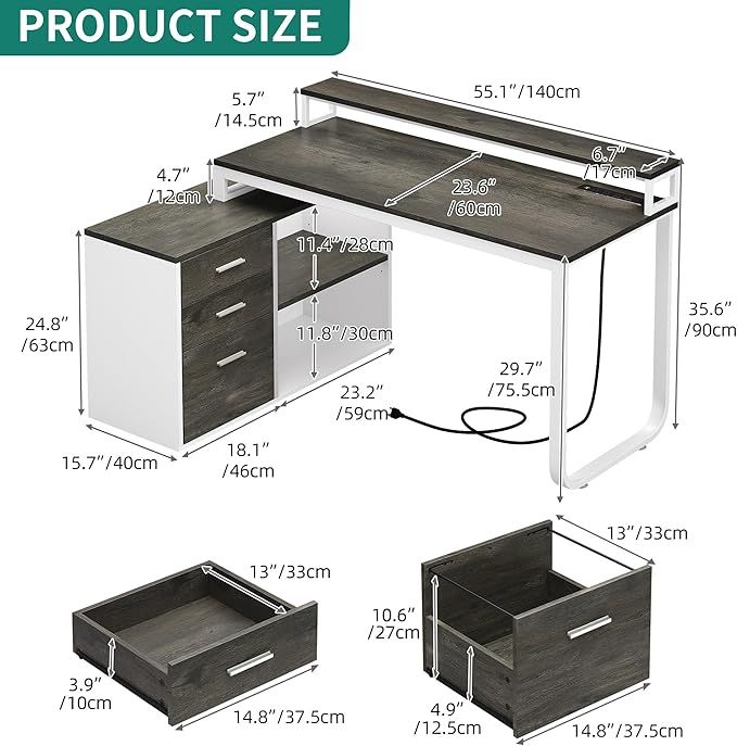 YITAHOME L Shaped Desk with Power Outlets & LED Lights & File Cabinet, 55" Corner Computer Desk with 3 Drawers & 2 Storage Shelves, Home Office Desk with Monitor Stand, White & Grey - LeafyLoom