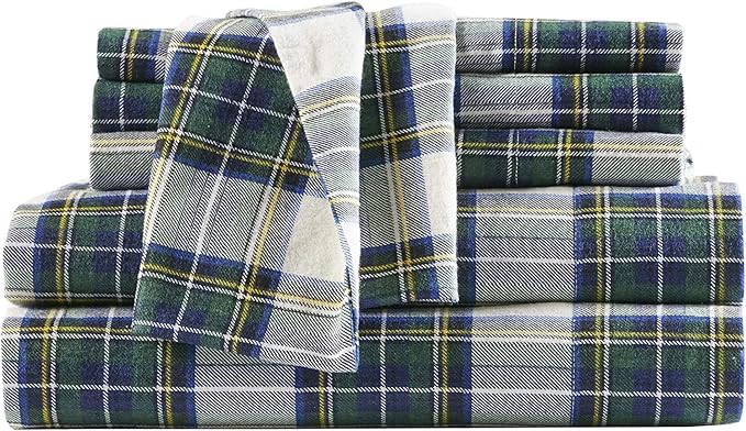 Comfort Spaces Cotton Flannel Breathable Warm Deep Pocket Sheets with Pillow Case Bedding, Cal King, Scottish Plaid Green, 4 Piece - LeafyLoom