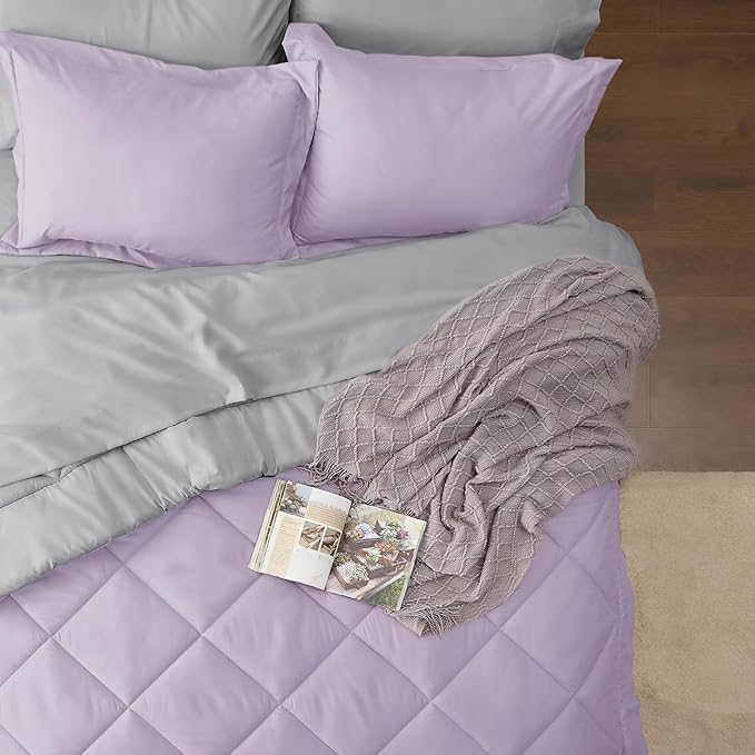 Bedsure Light Purple Twin Comforter Set - 5 Pieces Reversible Twin Bed in a Bag, Extra Long Twin Bed Set Light Purple and Grey with Comforters, Sheets, Pillowcase & Sham - LeafyLoom