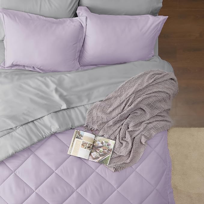 Bedsure Light Purple King Size Comforter Set - 7 Pieces Reversible King Bed in a Bag, King Bed Set Light Purple and Grey with Comforters, Sheets, Pillowcases & Shams - LeafyLoom