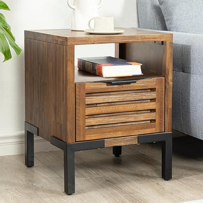 Bme Solid Acacia Wood Nightstand with Drawers & Open Shelf, Pre-Assembled Industrial Modern Living Room, Bedroom, Millie Rustic Side Table, Nighstand Rustic Chesnut - LeafyLoom