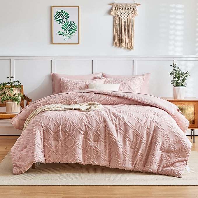 6 Pieces Tufted Bed in a Bag Twin Comforter Set with Sheets Blush, Soft and Embroidery Shabby Chic Boho Bohemian, Luxury Solid Color with Diamond Pattern, Jacquard Tufts Bedding Set for Kids Girls - LeafyLoom