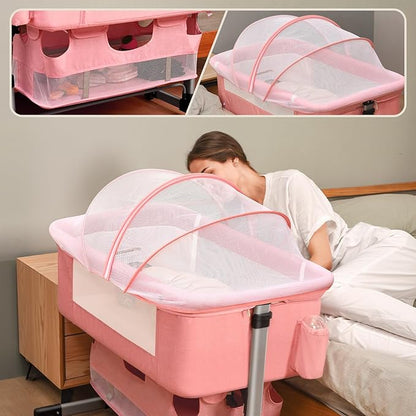 Baby Crib,3 in 1 Bedside Crib Adjustable Portable Bed for Infant,Baby Bassinet Baby Newborn Must Have Bed,Pink - LeafyLoom