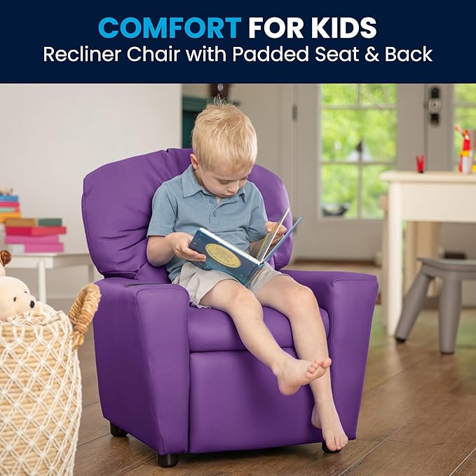 Flash Furniture Chandler Vinyl Kids Recliner with Cup Holder and Safety Recline, Contemporary Reclining Chair for Kids, Supports up to 90 lbs., Lavender - LeafyLoom