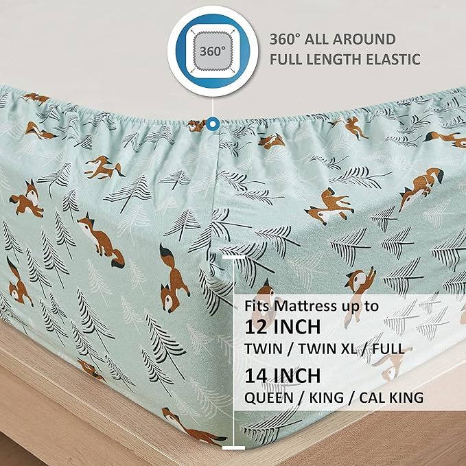 Comfort Spaces Cotton Flannel Breathable Warm Deep Pocket Sheets with Pillow Case Bedding, Twin, Seafoam Foxes 3 Piece - LeafyLoom