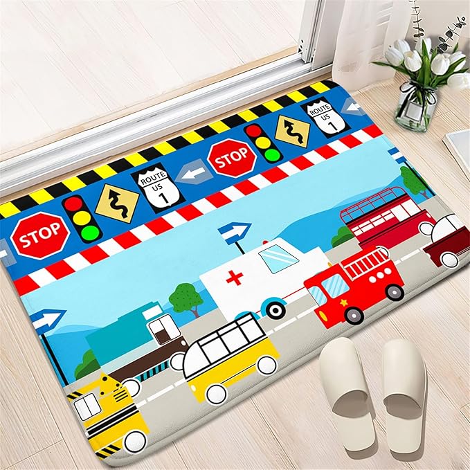 Cartoon Ambulance Car Area Rug Car Carpet for Kids Play Rug for Cars and Trucks Car Rug Play Mat Car Track Rug Truck Rugs for Boys Room Rugs for Boys Bedroom,Light Blue 2'×3' - LeafyLoom