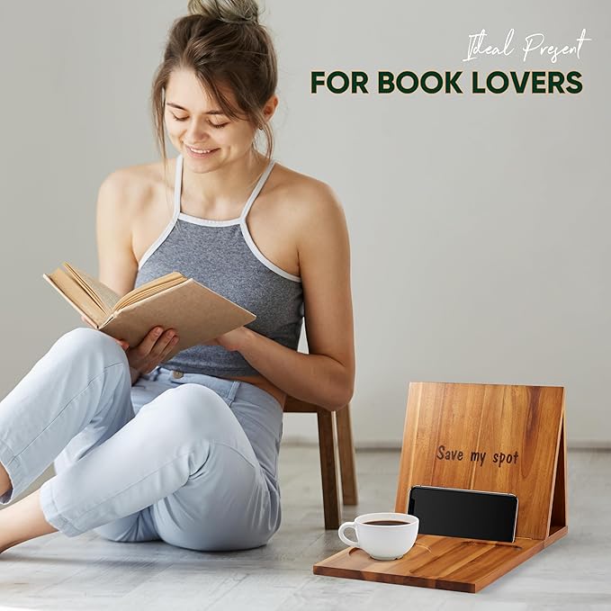 Triangle Book Holder, Book Rest, Acacia Foldable Book Nook Reading Valet, Triangle Book Stand with Cup, Pen, Glasses and Phone Holder for Bedroom, Nightstand or Office, Gifts for Book Lover - LeafyLoom