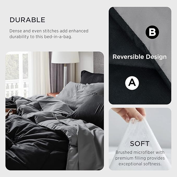 Bedsure Twin Bedding Set - 5 Pieces Reversible Twin Comforter Set, Black Extra Long Twin Bed in a Bag with Comforters, Sheets, Pillowcase & Sham, Bed Set Twin - LeafyLoom