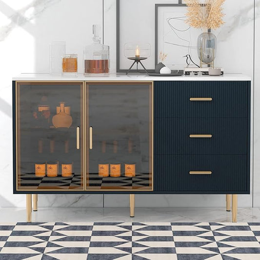 Modern Sideboard MDF with Marble Sticker Tabletop and Amber-Yellow Tempered Glass Doors,Freestanding Buffet Storage Cabinet,W/Gold Metal Legs & Handles,for Dining Room,Kitchen,Navy Blue, 60" - LeafyLoom