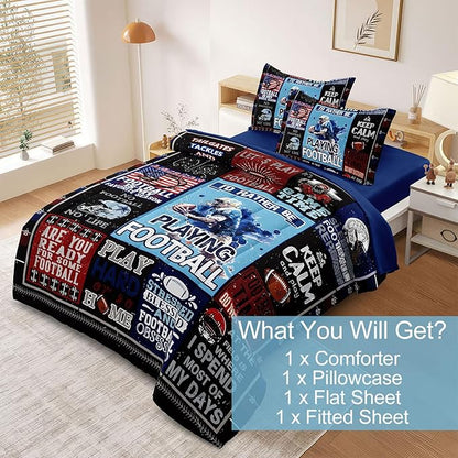 American Football Bedding Twin for Teen Boys, Kids Sports Comforter Set Bed in A Bag, Blue Children Bed Set with Sheets Twin Size - LeafyLoom