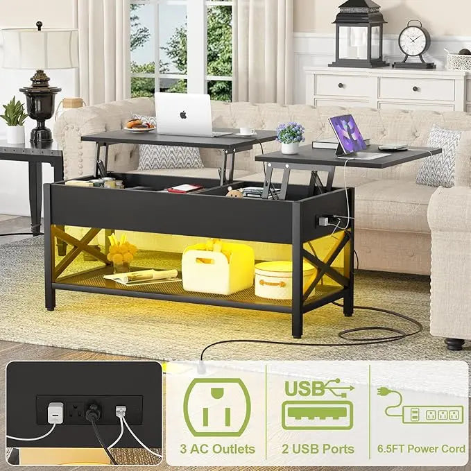 Aheaplus Black Lift-Top Coffee Table with LED Light, Power Outlets and Storage Shelf, 41.7"W x 19.69"L x 19.7"H - LeafyLoom