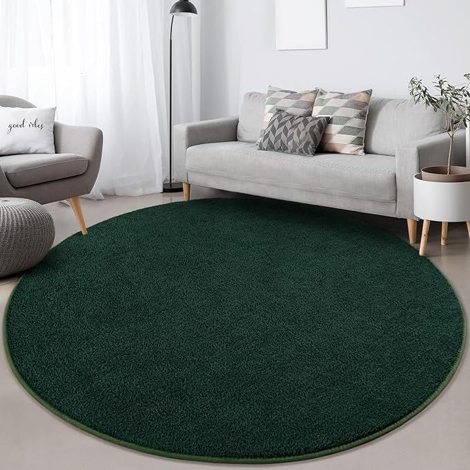 Round Area Rugs for Bedroom Living Room, 6x6 Dark Green Super Soft Comfy Thickened Memory-Foam Indoor Circle Carpet, Modern Aesthetic Minimalist Carpet for Boys Girls Adults Nursery Home Décor - LeafyLoom