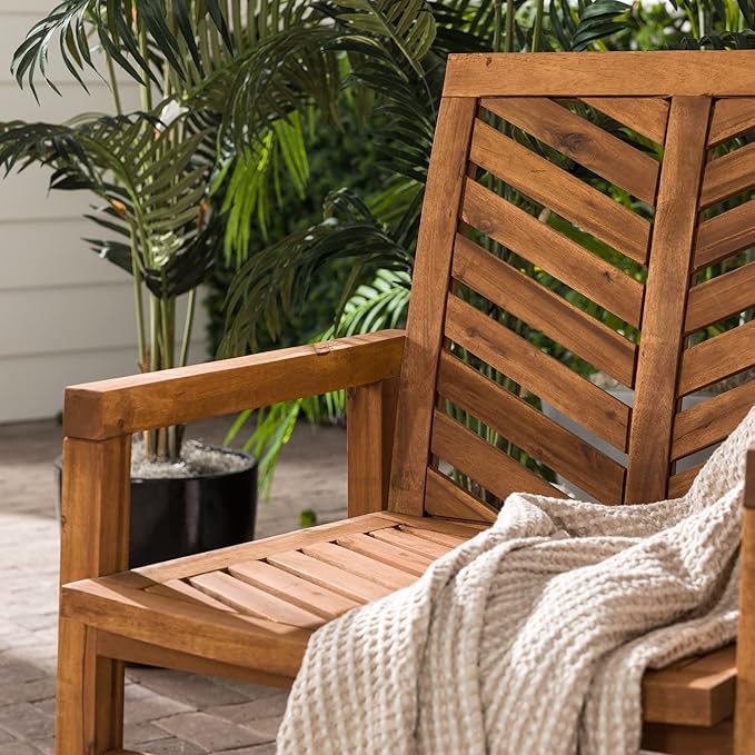 Walker Edison 2 Piece Outdoor Patio Chevron Wood Chair Set All Weather Backyard Conversation Garden Poolside Balcony, Set of 2, Brown - LeafyLoom