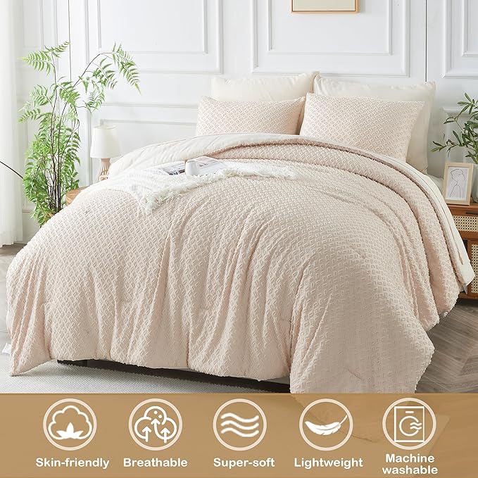 Queen Size Kids Comforter Set for Girls 7 Piece Beige Boho Tufted Kids Bedding Set for Boys Bed in A Bag Quilt Set with 1 Comforter,1 Flat Sheet, 1 Fitted Sheet, 2 Pillowcase and 2 Pillow Sham - LeafyLoom