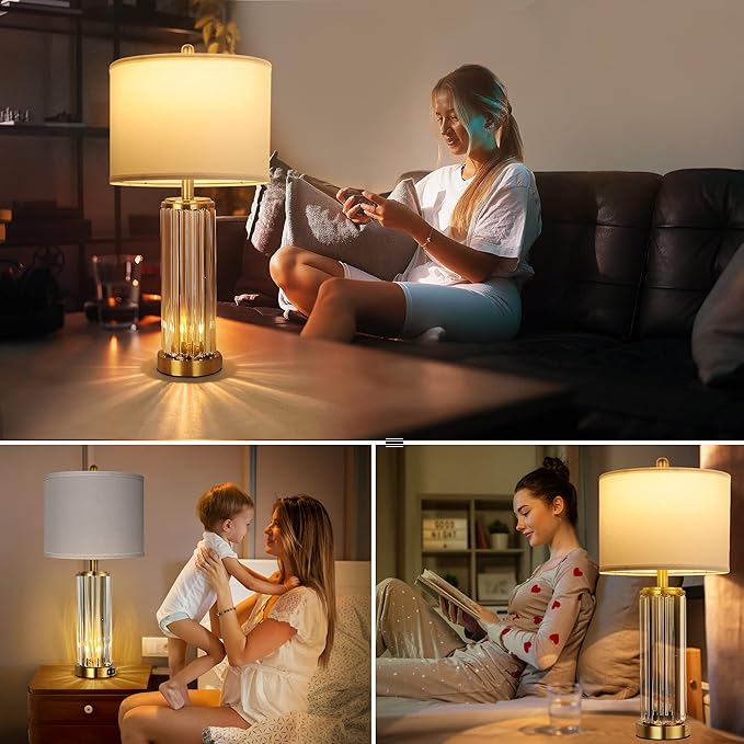 QiMH Gold Table Lamps for Bedroom Set of 2 with Nightlight, Modern Bedside Lamp with 2 USB Charging Port, Clear Nightstand Lamp for Living Room White Shade Home Light Decor(LED Bulbs Included) - LeafyLoom