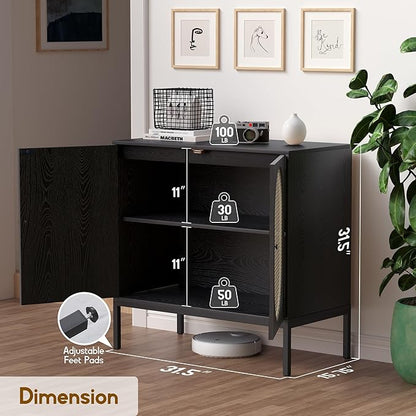 XIAO WEI Buffet Sideboard with Handmade Natural Rattan Woven Doors, Buffet Cabinet Accent Cabinet Rattan Cabinet, Sideboard Cabinet, for Kitchen Living Room Living Room Entryway, Black,Oval Doors - LeafyLoom