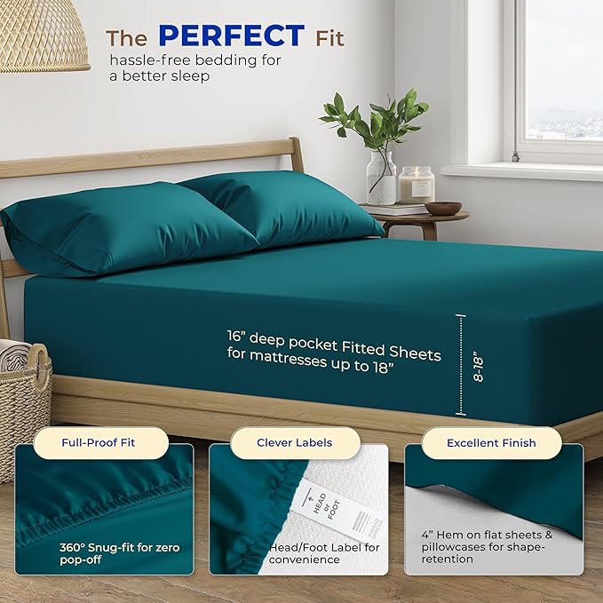 THREAD SPREAD 600 Thread Count Sheets Queen - 100% Egyptian Cotton Sheets Queen Size, 4 PC Luxury Sheets Queen Size, Ultra Soft Queen Sheets & Pillowcases Set, 16" Deep Pocket Cooling Sheet - Teal - LeafyLoom