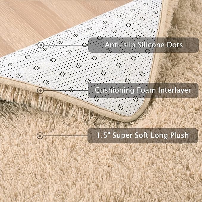 Softlife Rug for Bedroom 4x5.3 Feet Area Rug for Living Room Super Soft Shaggy Rugs for Kids Room Fluffy Fuzzy Carpets Long Plush Bedside Rug Nursery Christmas Home Decor for Boys Girls, Beige - LeafyLoom