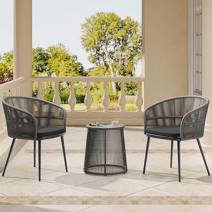 EAST OAK 3-Piece Patio Bistro Set, Patio Conversation Bistro Set with 2 Wide Ergonomic Chairs, Cushions & Glass Top Side Table, Outdoor All-Weather Wicker Furniture for Porch, Gray & Dark Gray - LeafyLoom