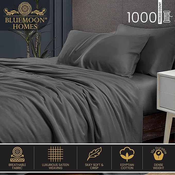 Queen Sheets Egyptian Cotton, 1000 Tc Egyptian Cotton Sheets Queen Size, Extra Deep 18" pocket Queen Sheets, 4 Pc Queen Bed Sheets Solid, Ultra Luxury Sheets Queen Size Deep Pocket, Dark Grey Sheets - LeafyLoom