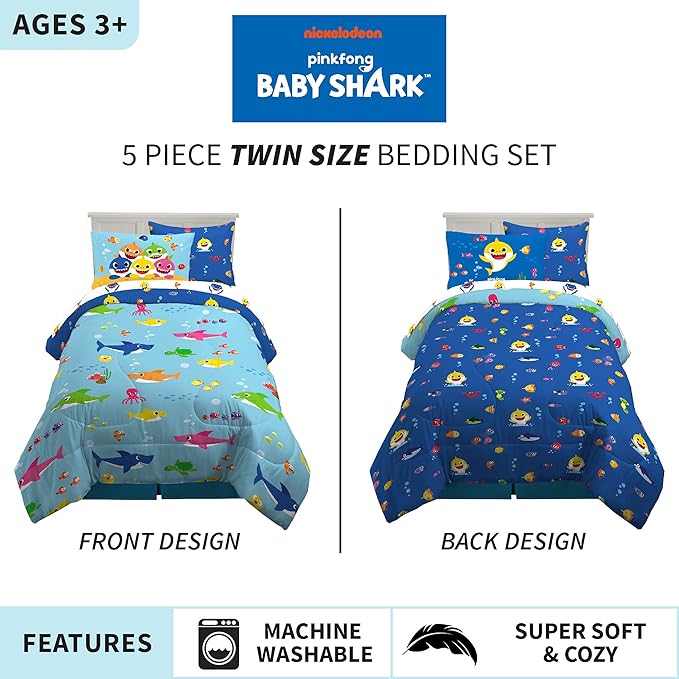 Franco Kids Bedding Super Soft Comforter and Sheet Set with Sham, 5 Piece Twin Size, Baby Shark - LeafyLoom