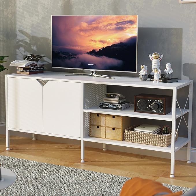 White TV Stand with Storage - Television Stands for Living Room, 50 Inch TV Table for 32 40 55 65 Inch TV, TV Consle for Bedroom, White - LeafyLoom