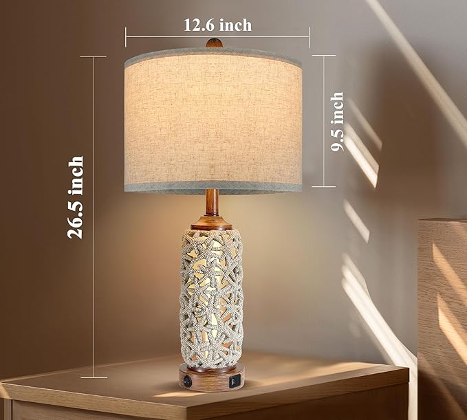 Coastal Nautical Lamp Farmhouse Table Lamps for Living Room Bedroom， Bedside Lamp with Dual USB Port，26.5'' Tall Nightstand Lamps - LeafyLoom