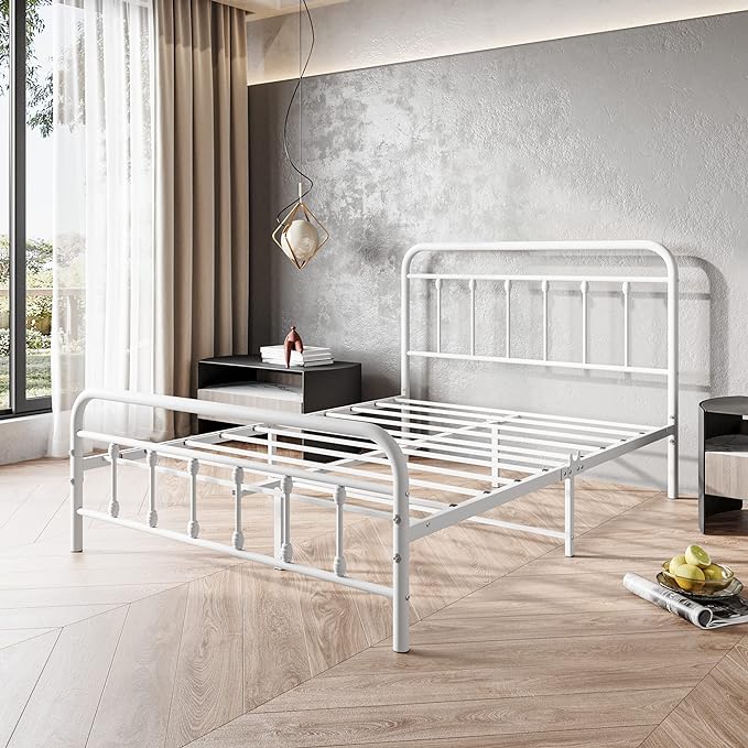 Vintage Full Size Bed Frame with Headboard and Footboard Mattress Heavy Duty Metal Platform Bed Frame Steel Slat Support (Full, White) - LeafyLoom