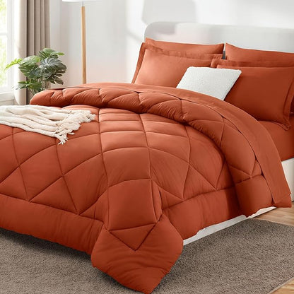 CozyLux King Comforter Set with Sheets 7 Pieces Bed in a Bag Burnt Orange All Season Bedding Sets with Comforter, Pillow Shams, Flat Sheet, Fitted Sheet and Pillowcases - LeafyLoom