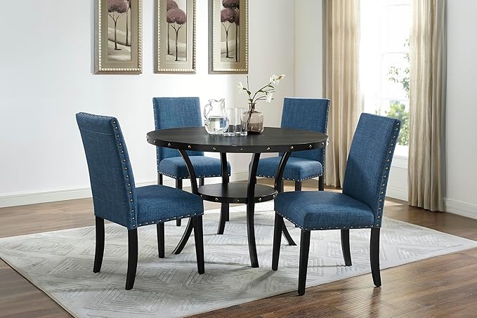 New Classic Furniture Crispin Dining Chair (Set of Four), 100% Polyester Marine Blue Fabric with Espresso Legs - LeafyLoom