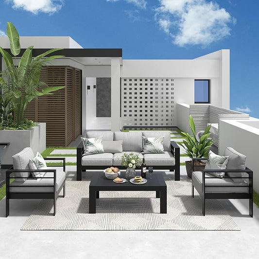 Solaste Aluminum Patio Furniture Set, 4 Pcs Modern Outdoor Conversation Set Sectional Sofa with Upgrade Cushion and Coffee Table,Black Frame and Grey Cushion - LeafyLoom