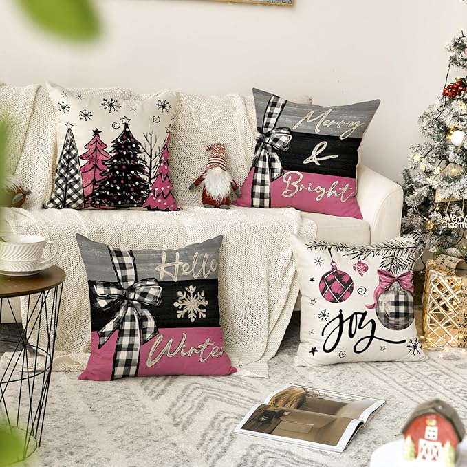 AVOIN colorlife Merry Christmas Joy Xmas Trees Pink Throw Pillow Covers, 18 x 18 Inch Christmas Winter Holiday Cushion Case Decoration for Sofa Couch Set of 4 AVOINcolorlife