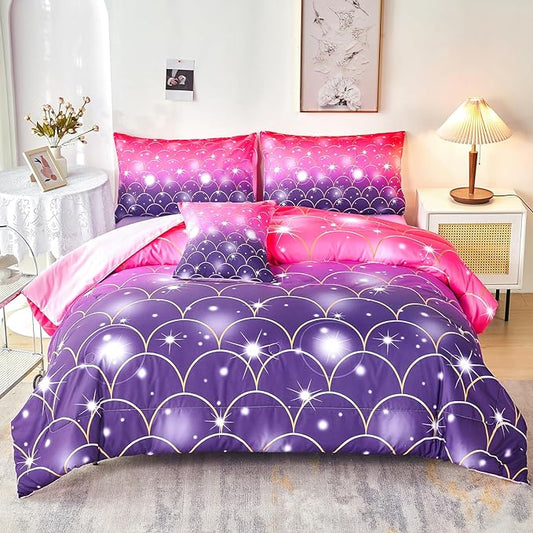 URBONUR Purple Glitter Comforter Set Queen Size for Girls 6 Piece Bed in A Bag Comforter with Sheets Set, Gradient Pink Purple Sparkle Mermaid Fish Scales Bedding Comforter Set - LeafyLoom