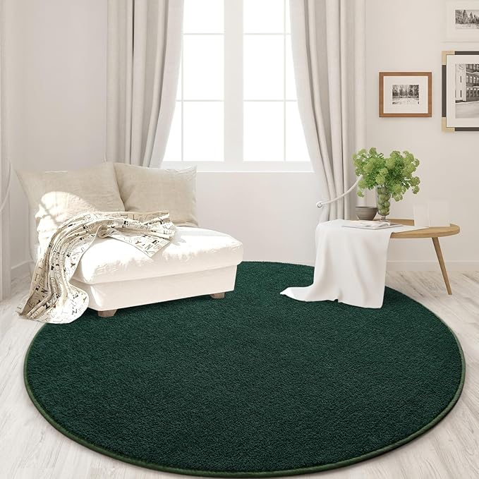 Round Area Rugs for Bedroom Living Room, 6x6 Dark Green Super Soft Comfy Thickened Memory-Foam Indoor Circle Carpet, Modern Aesthetic Minimalist Carpet for Boys Girls Adults Nursery Home Décor - LeafyLoom